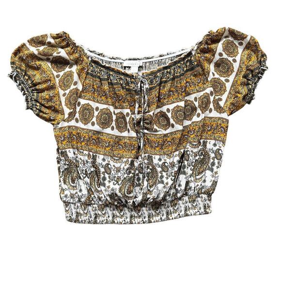 Chelsea & Violet Printed Boho Top Cropped Yellow And White Size L - Picture 1 of 8